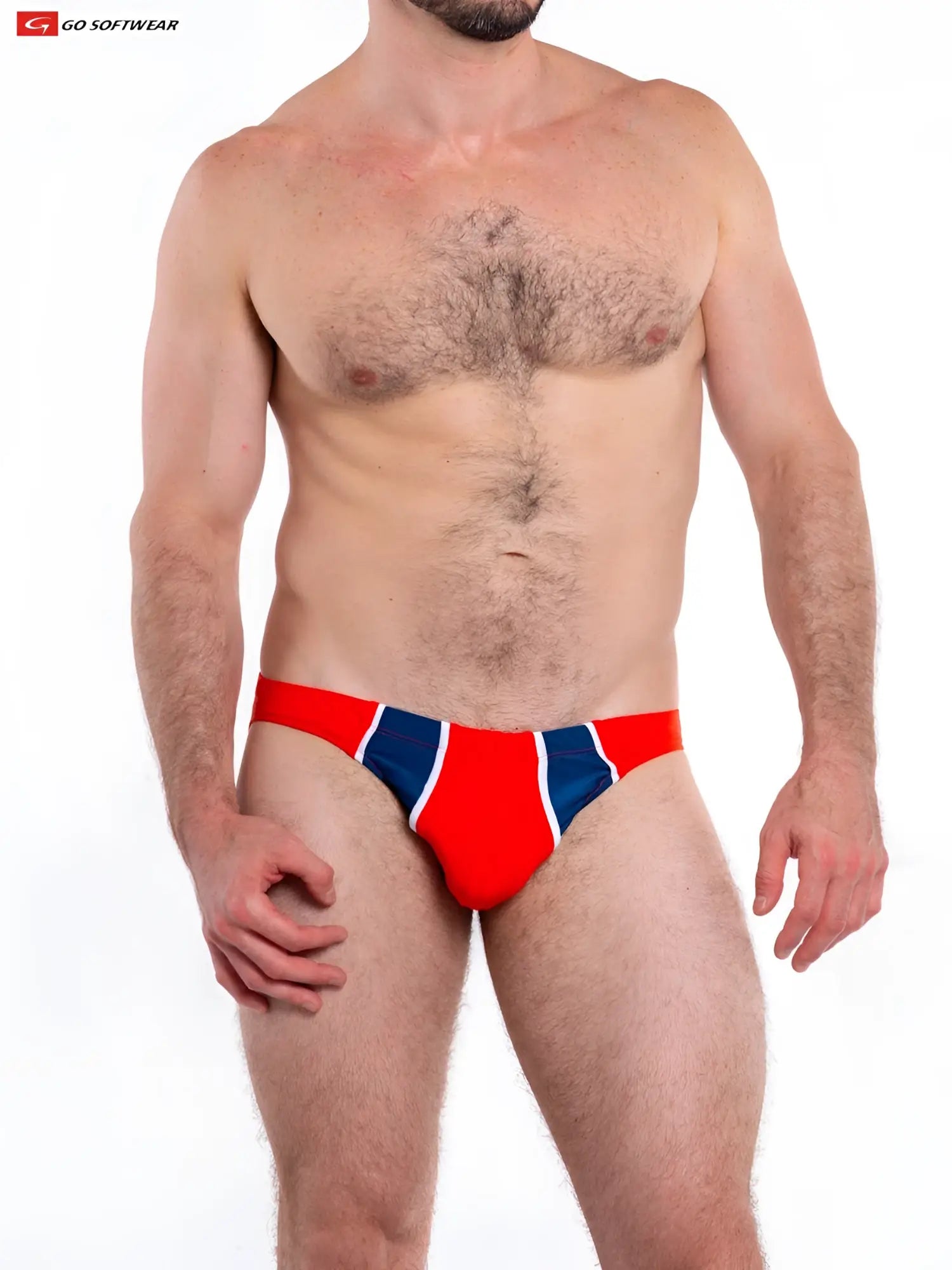 Napoli Buns bikini swim red and blue striped swim trunks with bold athletic design for active water use