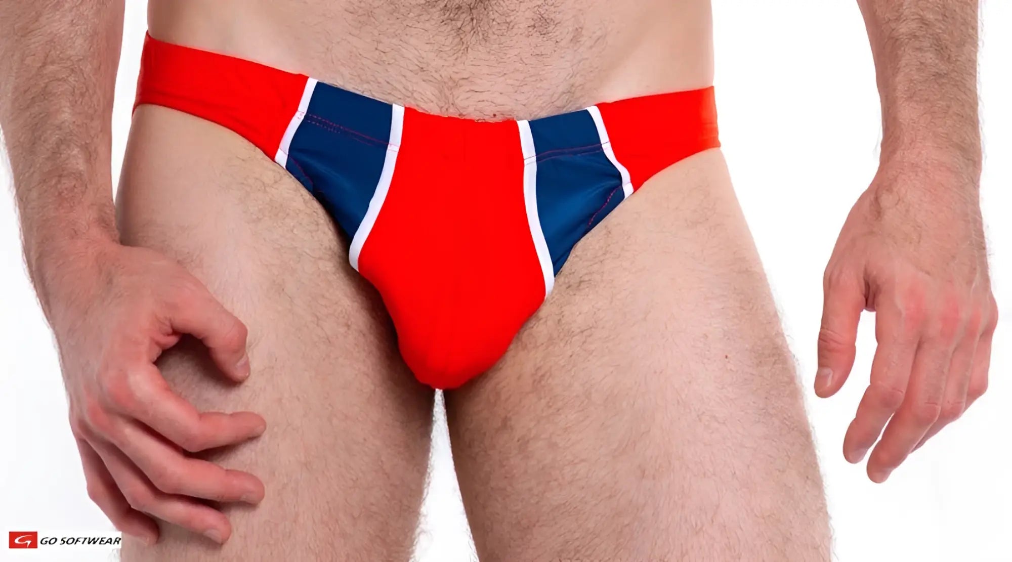 Red and navy blue swim trunks with white trim from napoli buns bikini swim collection for beachwear