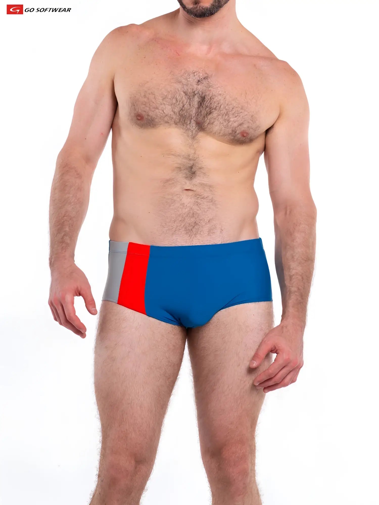 Napoli posing swim trunk with blue red and gray stripes featuring a modern design for comfortable swimwear use