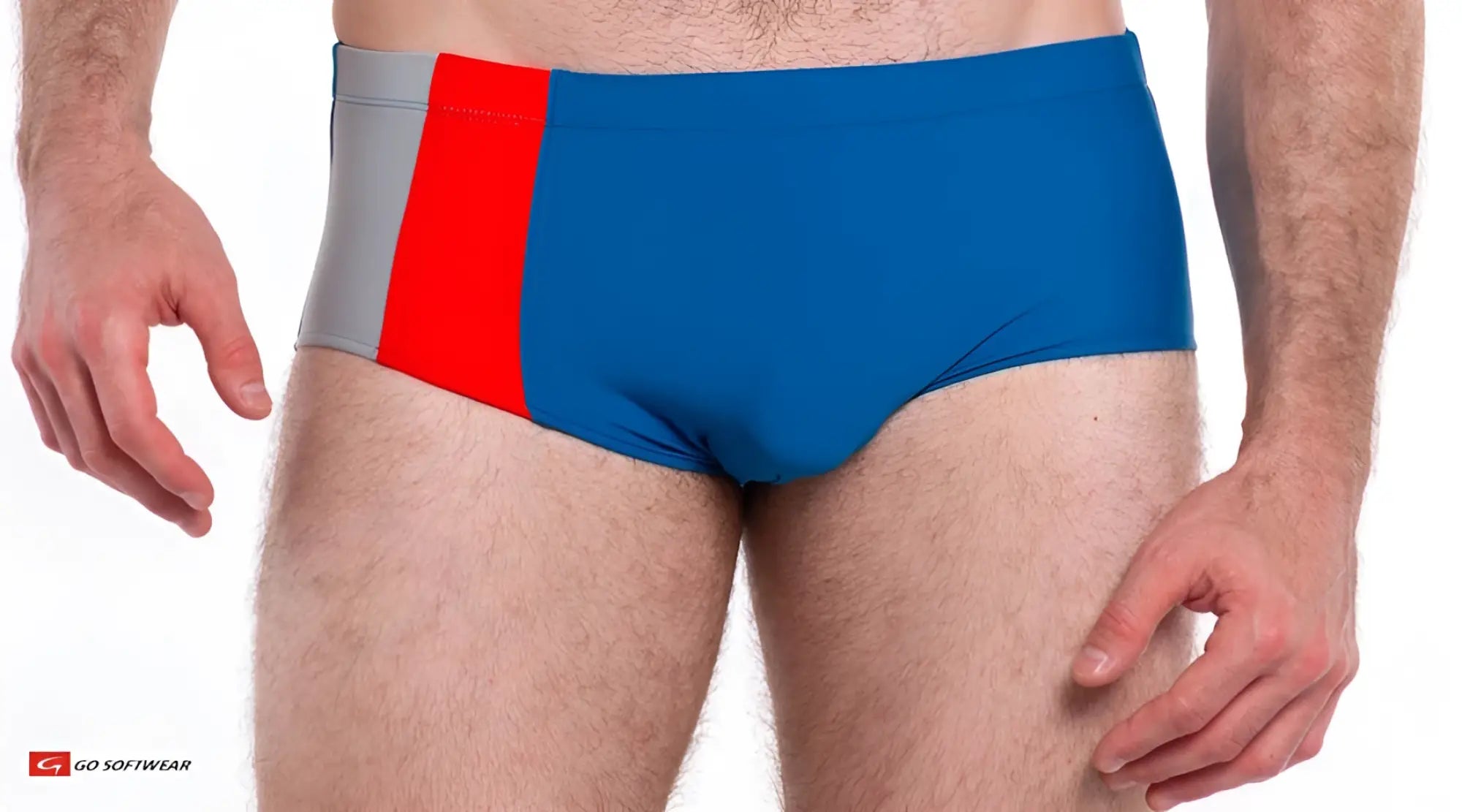 Napoli posing swim trunk in blue and red with gray side panel featuring a sleek modern design for swimming