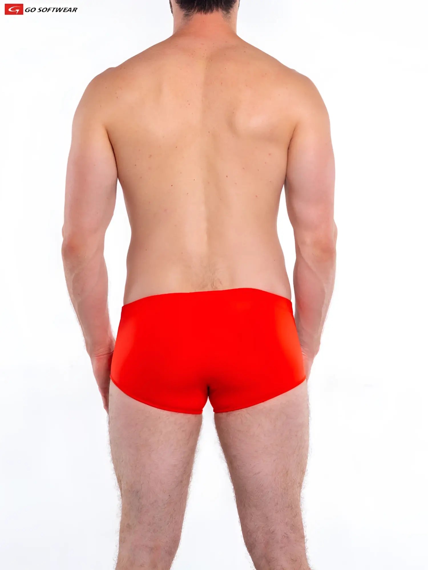 Bright red form-fitting Napoli posing swim trunks from go softwear designed for comfortable beachwear