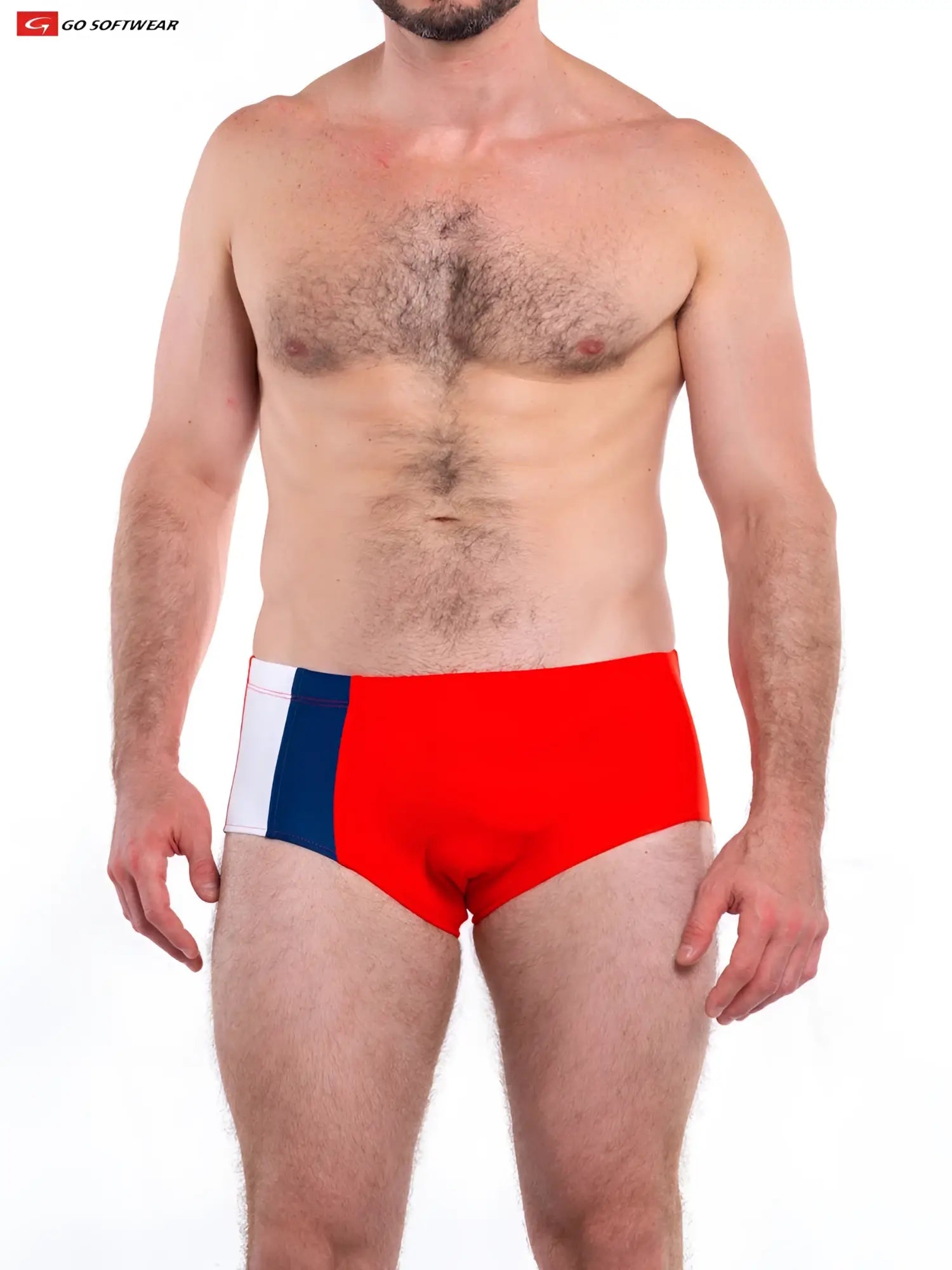 Napoli posing swim trunk featuring red white and blue striped bold color-block design for swimming and beachwear