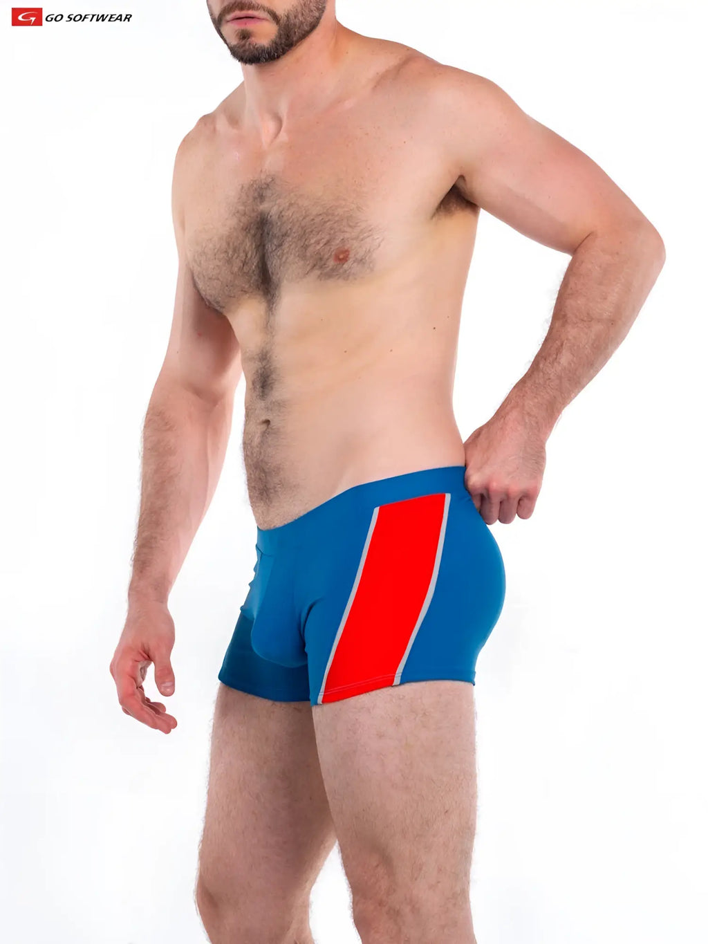 Blue Napoli sq-cut swimsuit briefs with bold red diagonal stripe white trim and go softwear logo for athletic use