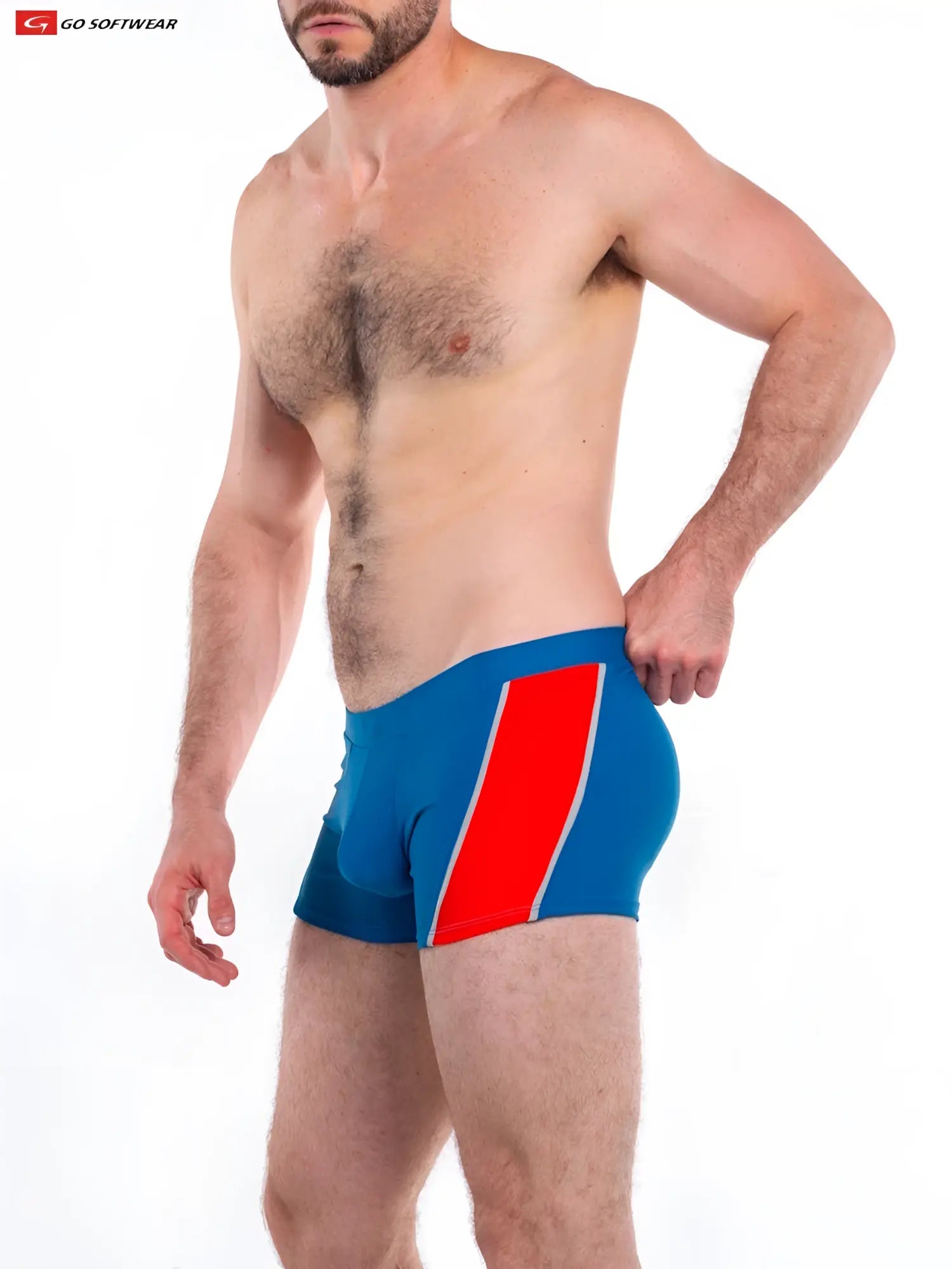 Blue Napoli sq-cut swimsuit briefs with bold red diagonal stripe white trim and go softwear logo for athletic use