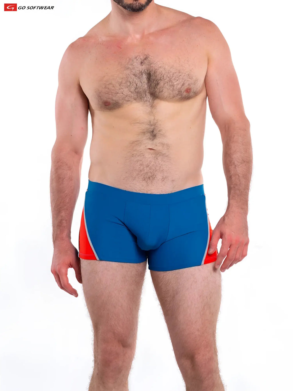 Napoli sq-cut swimsuit blue and red athletic swim trunks with white trim snug fit and elastic waistband