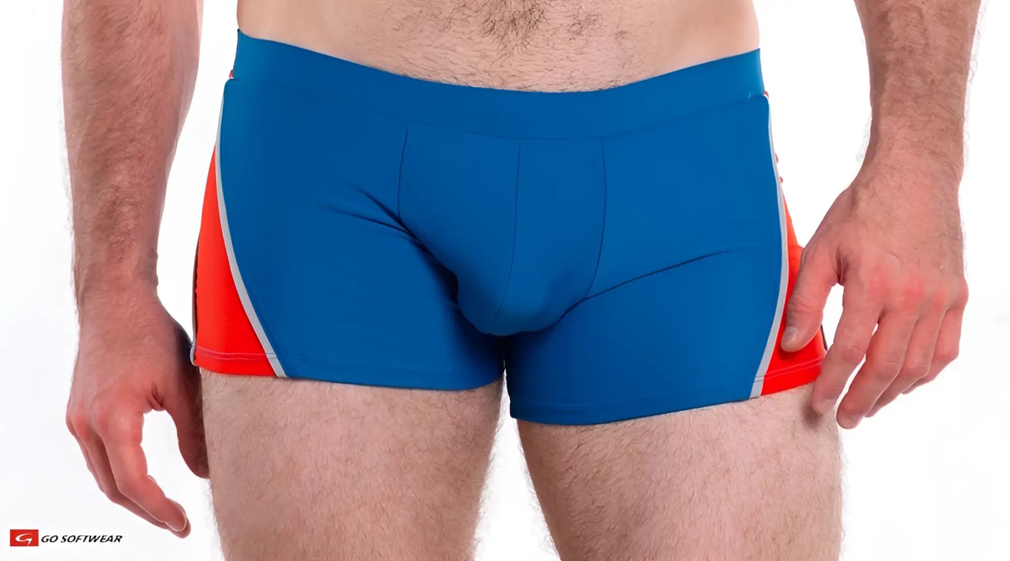 Blue and red napoli sq cut swimsuit swim trunks with white trim designed for comfortable swimming and beach use