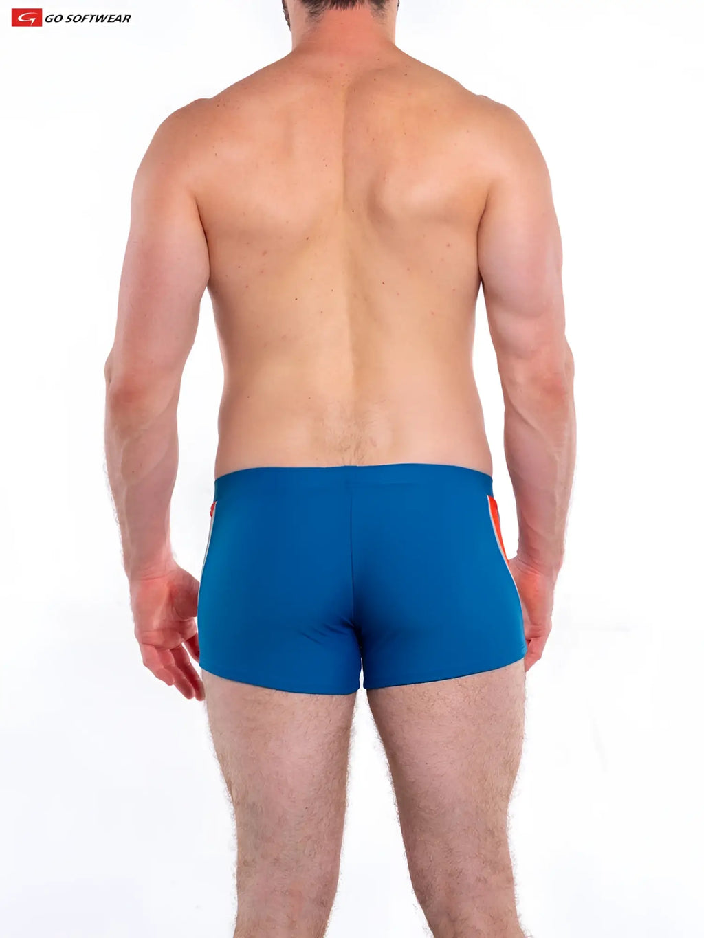 Blue Napoli sq-cut swimsuit swim trunks with orange side panels snug fit and smooth fabric for swimming use