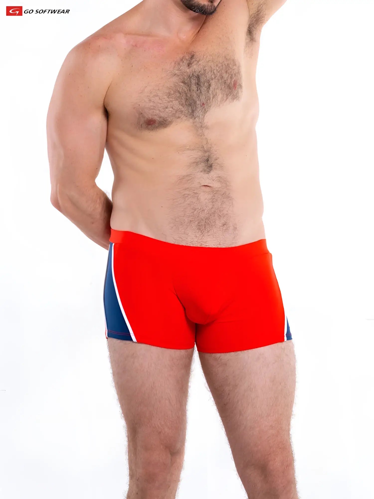 Napoli sq-cut swimsuit red and blue athletic briefs with white trim designed for swimming and active use