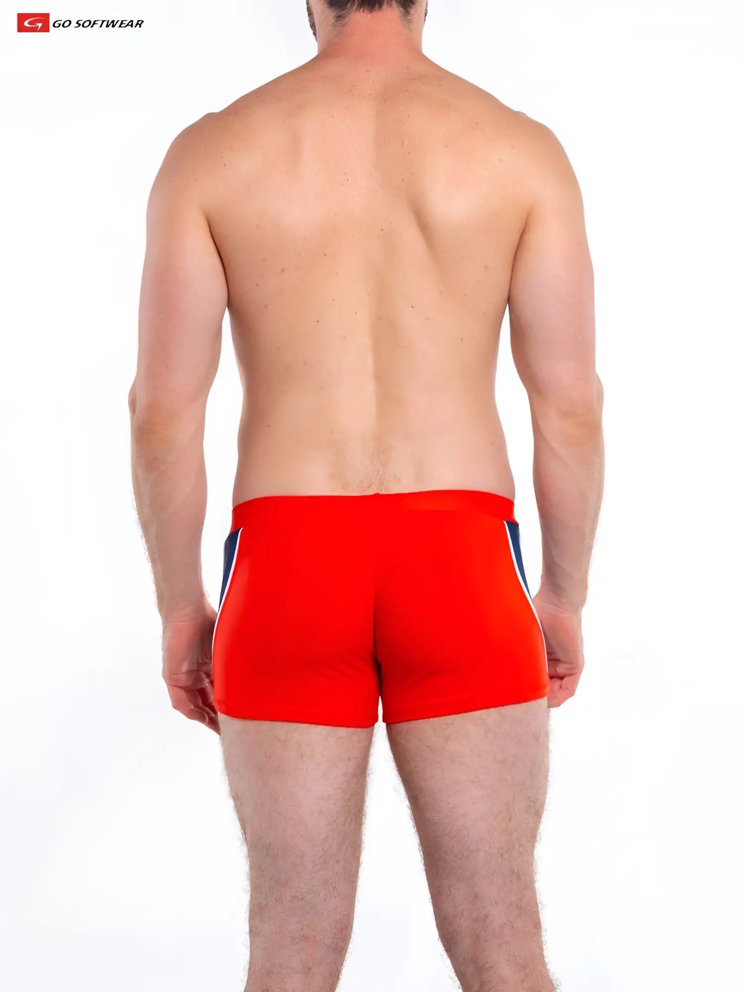 Red napoli sq cut swimsuit swim trunks with blue and white side stripes for casual beachwear