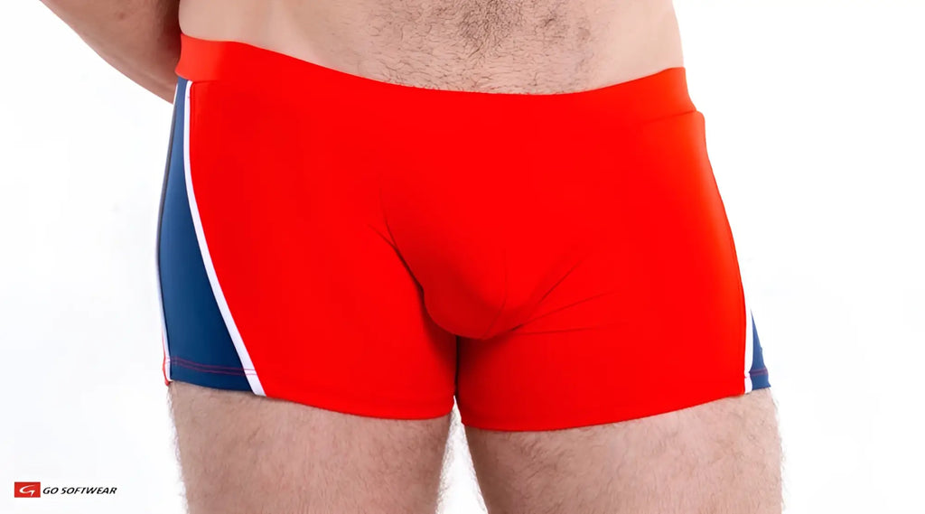 Red swim trunks napoli sq cut swimsuit with blue and white side panels designed for comfortable swimming