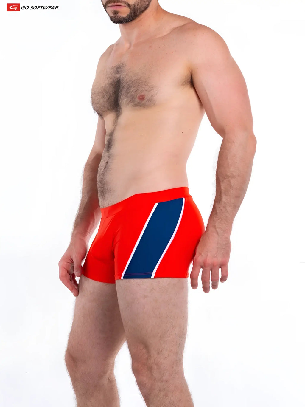 Red Napoli Sq-Cut swimsuit swim trunks with bold blue diagonal stripe bordered in white featuring Go Softwear logo