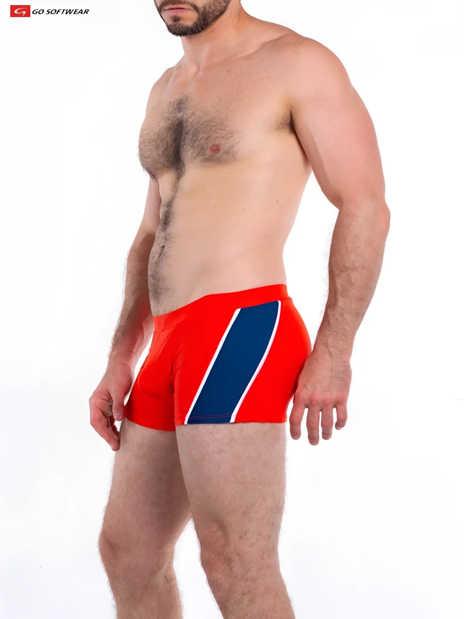 Red Napoli Sq-Cut swimsuit swim trunks with bold blue diagonal stripe bordered in white featuring Go Softwear logo