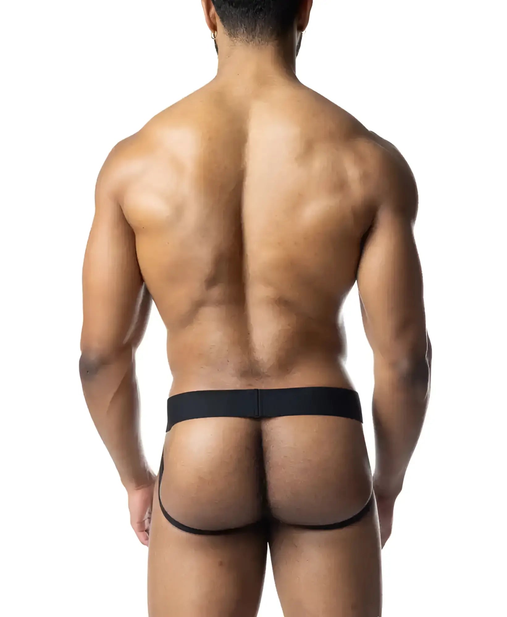 Black barbed wire jockstrap with narrow waistband and leg openings designed for athletic support