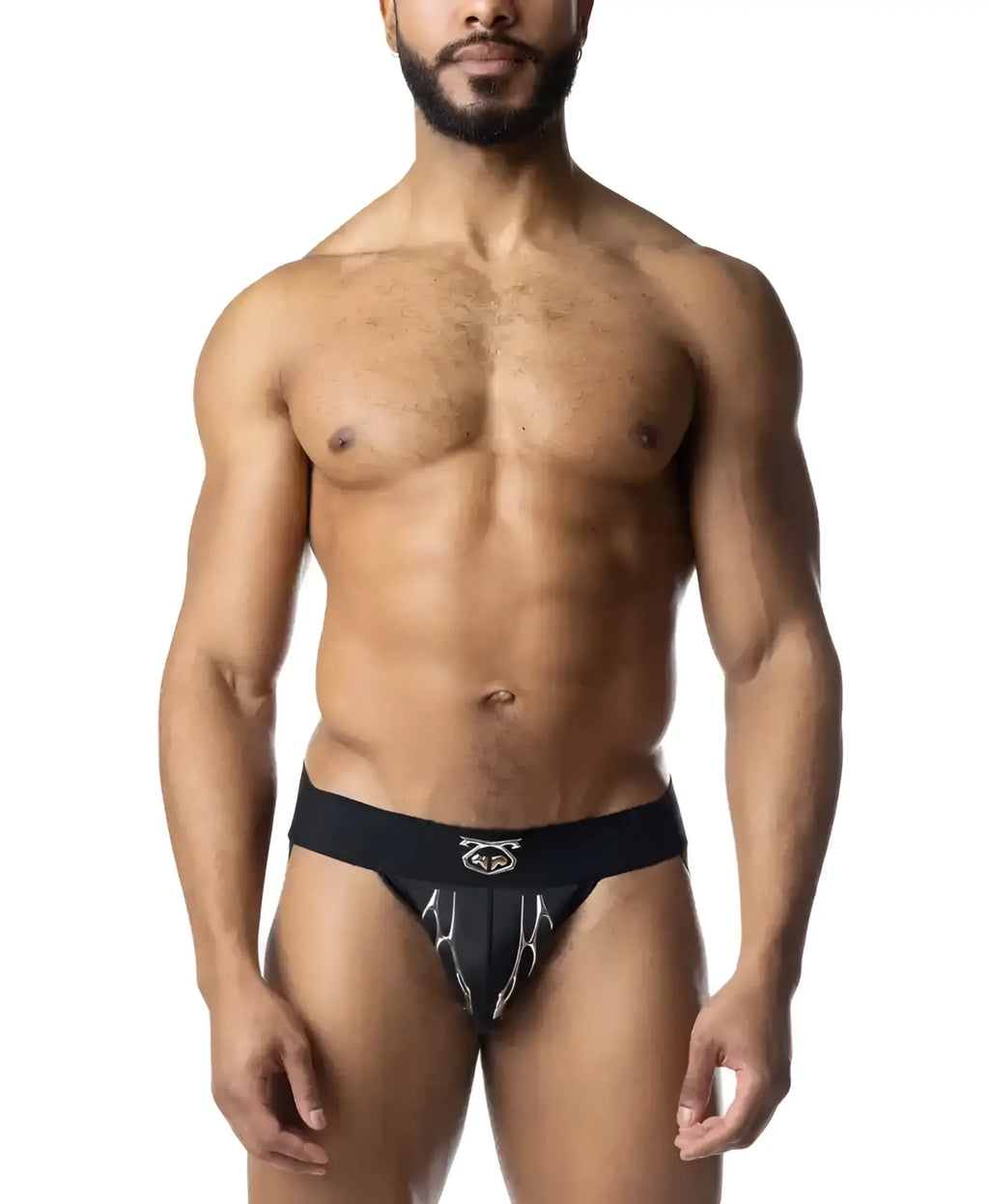 Black barbed wire jockstrap with white lightning bolt design and logo on waistband for athletic use