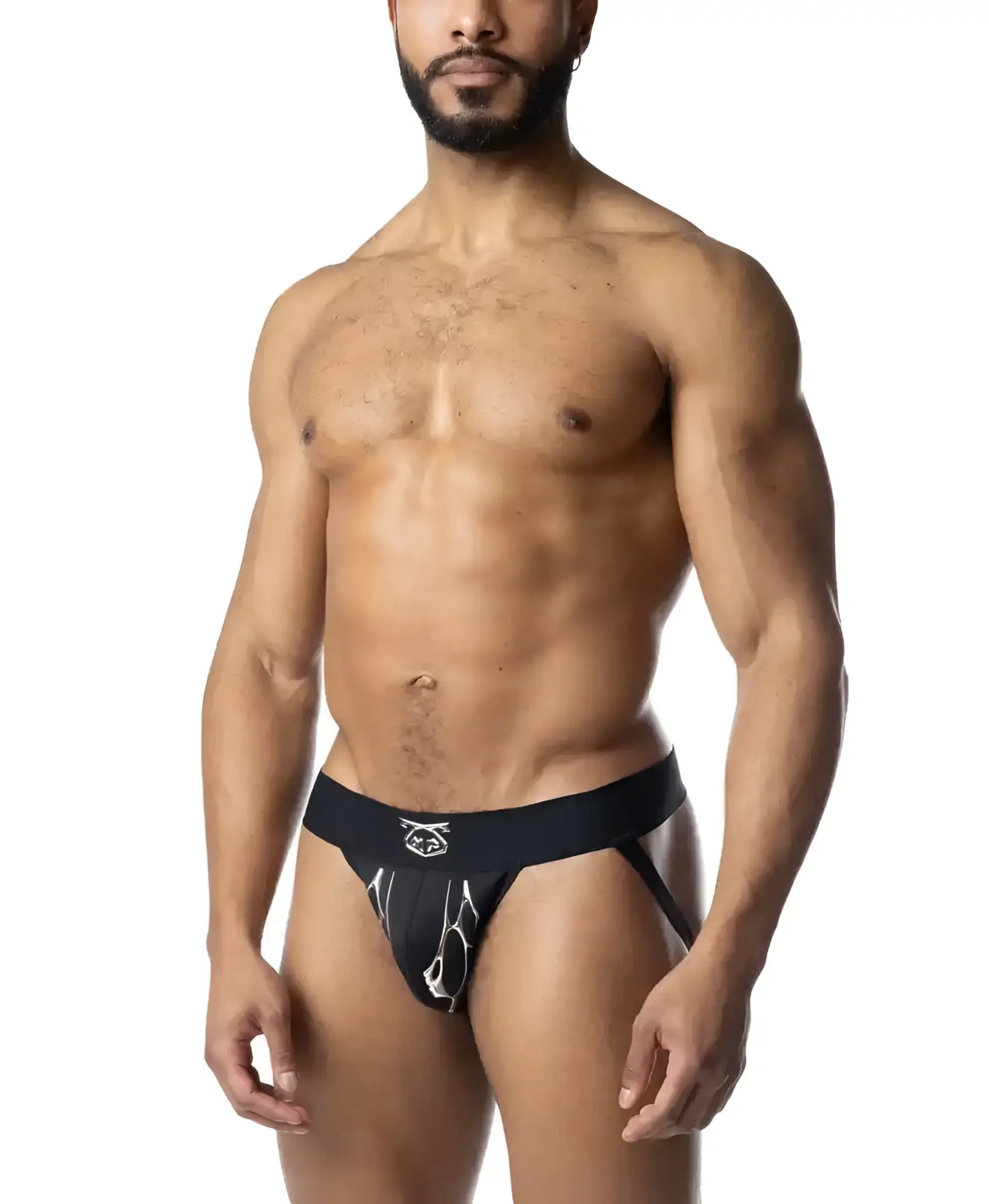 Black and white barbed wire jockstrap with patterned briefs and bold stylized logo on the waistband