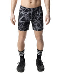 Black barbed wire rugby shorts featuring a white rope-like pattern designed for athletic use