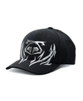 Black barbed wire snout cap with silver metallic logo and flame embroidery on front made of durable fabric