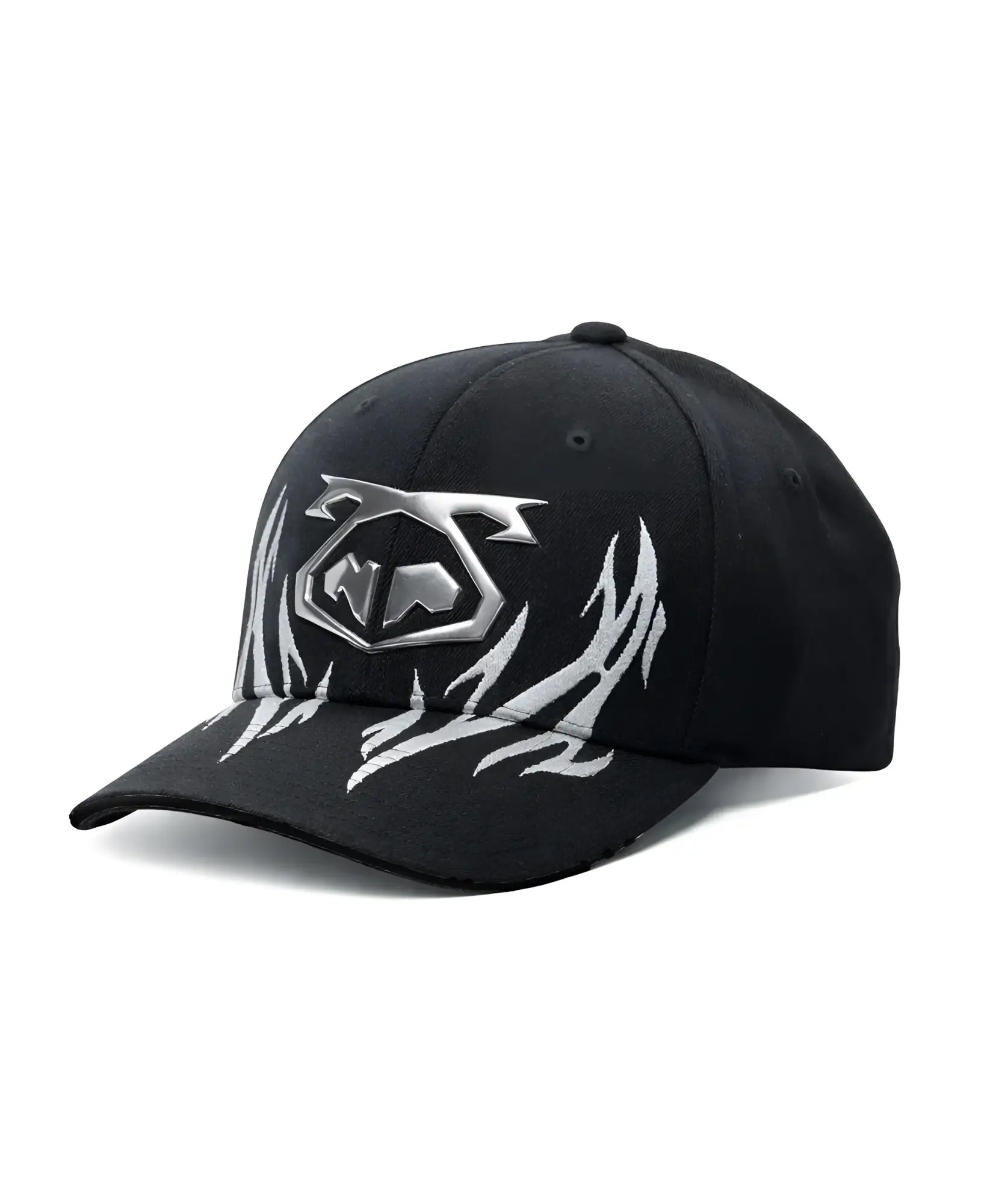 Black barbed wire snout cap with silver metallic logo and flame embroidery on front made of durable fabric