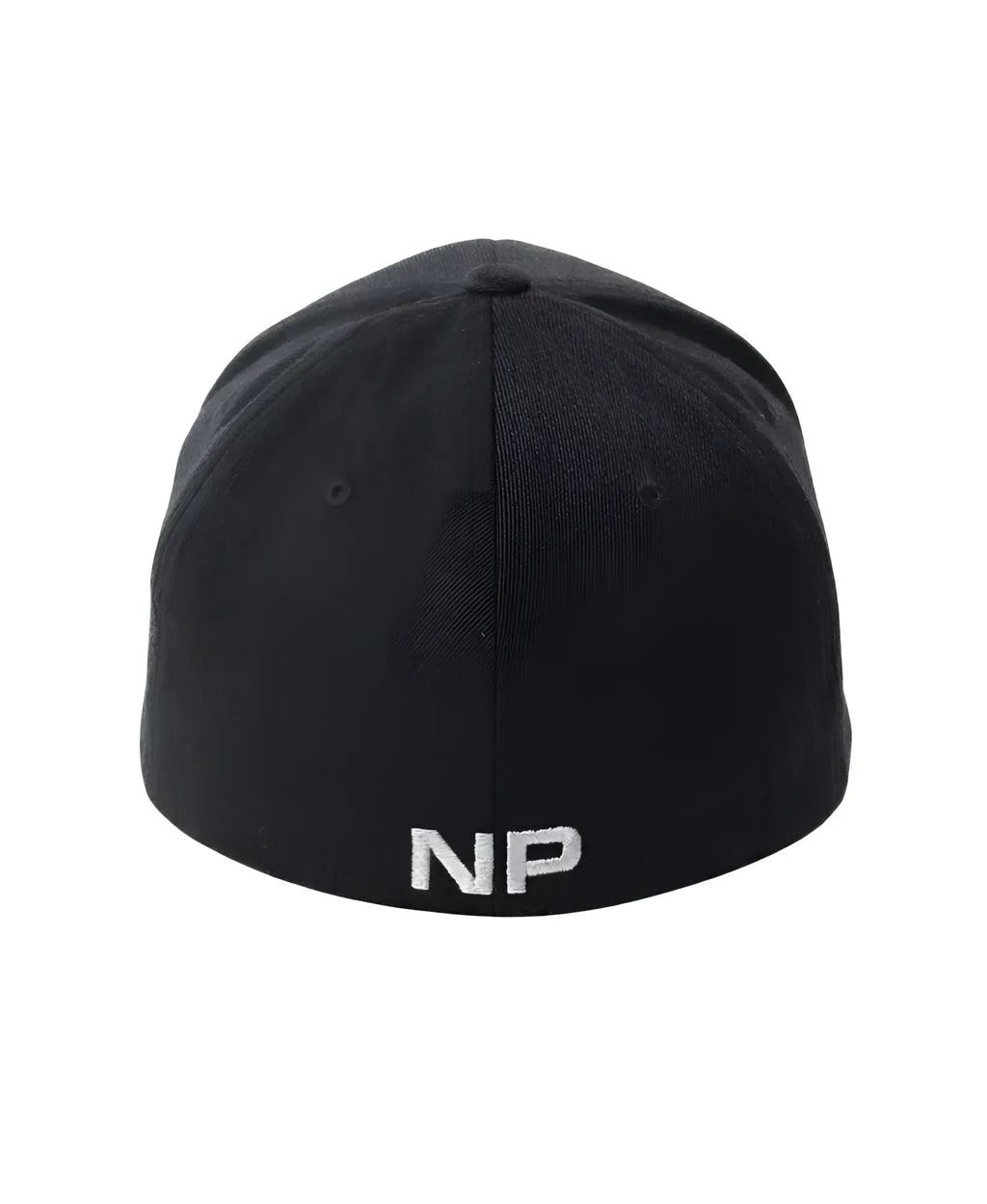 Black fitted barbed wire snout cap showing the back with white embroidered np logo on cotton material