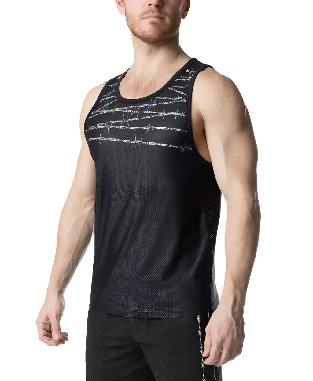 Black athletic tank top with subtle silver barbed wire pattern across chest and matching side seam detailing