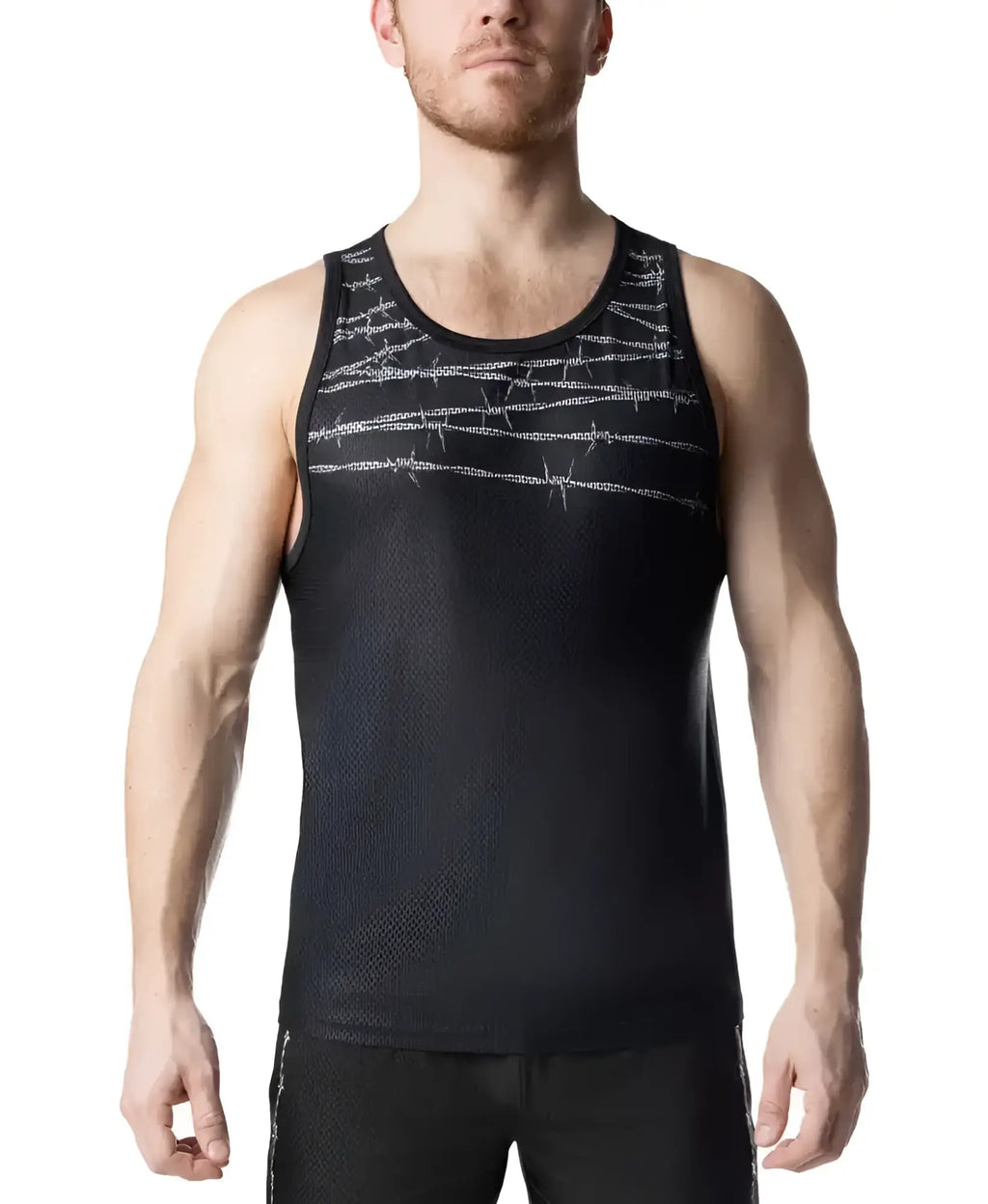 Black athletic tank top with a subtle silver barbed wire pattern across the chest for activewear use