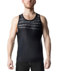 Black athletic tank top with a subtle silver barbed wire pattern across the chest for activewear use