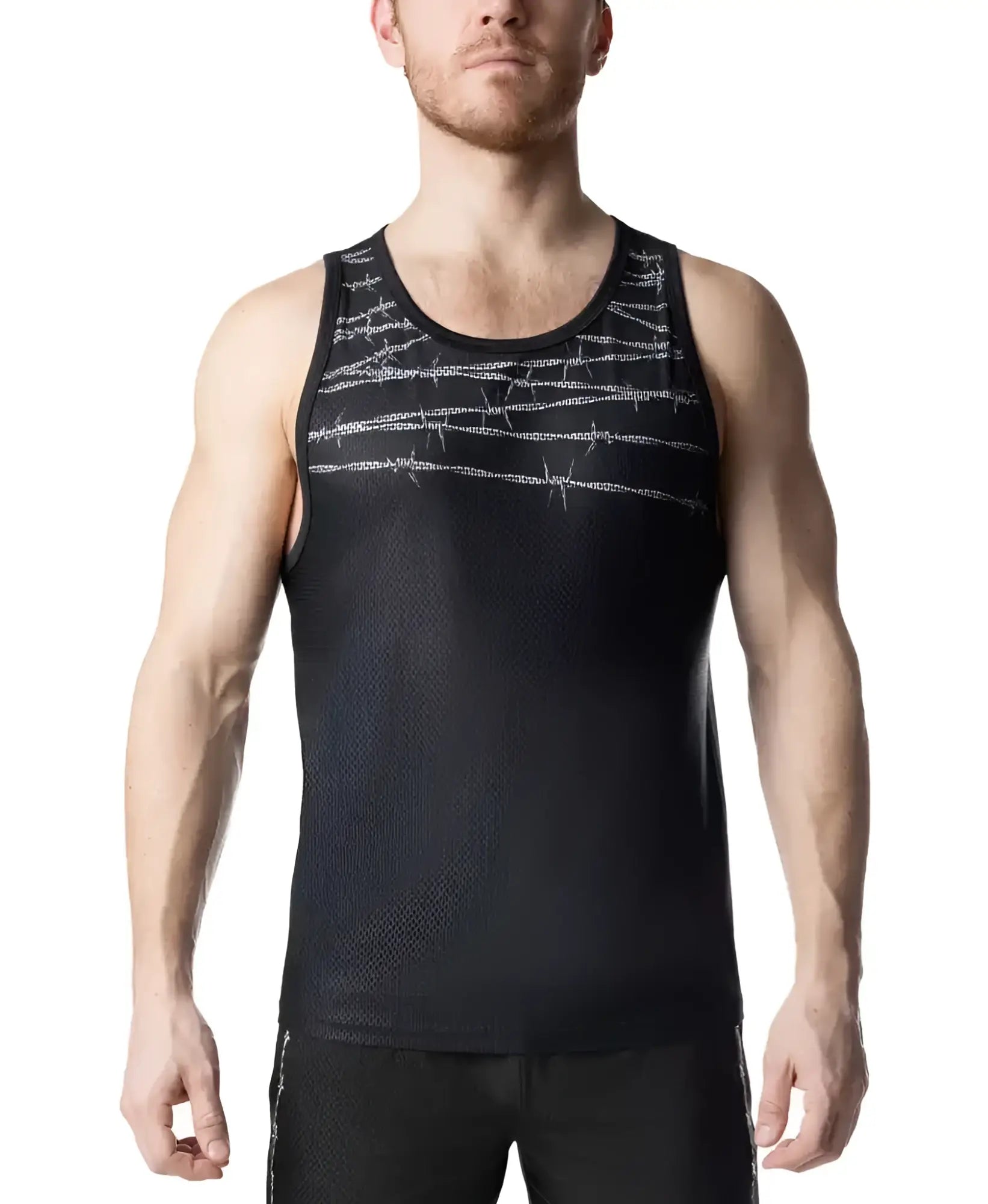 Black athletic tank top with a subtle silver barbed wire pattern across the chest for activewear use