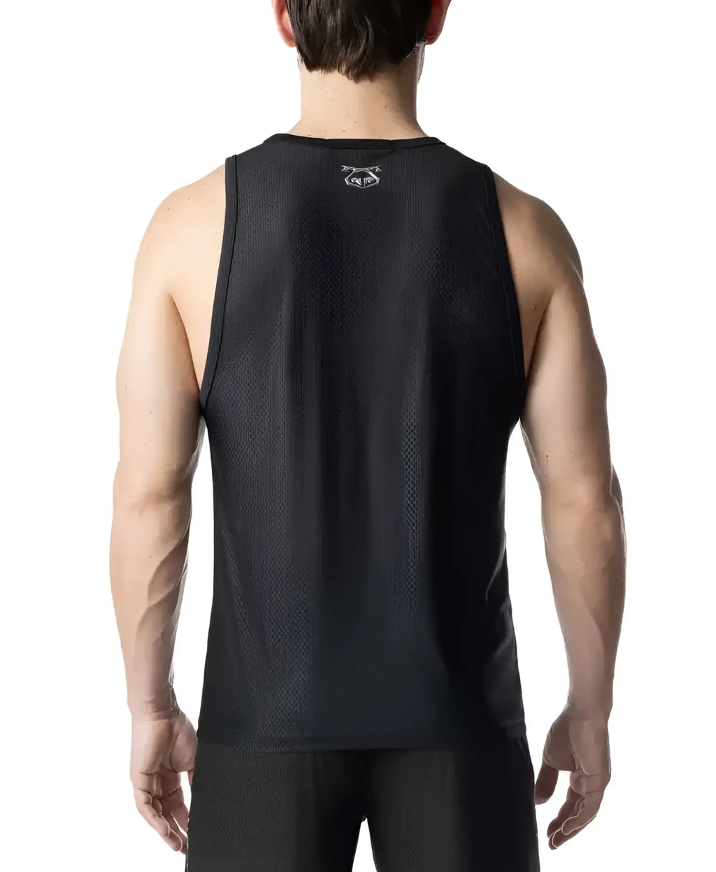 Black mesh barbed wire tank top with small white logo at the neckline ideal for athletic and casual wear