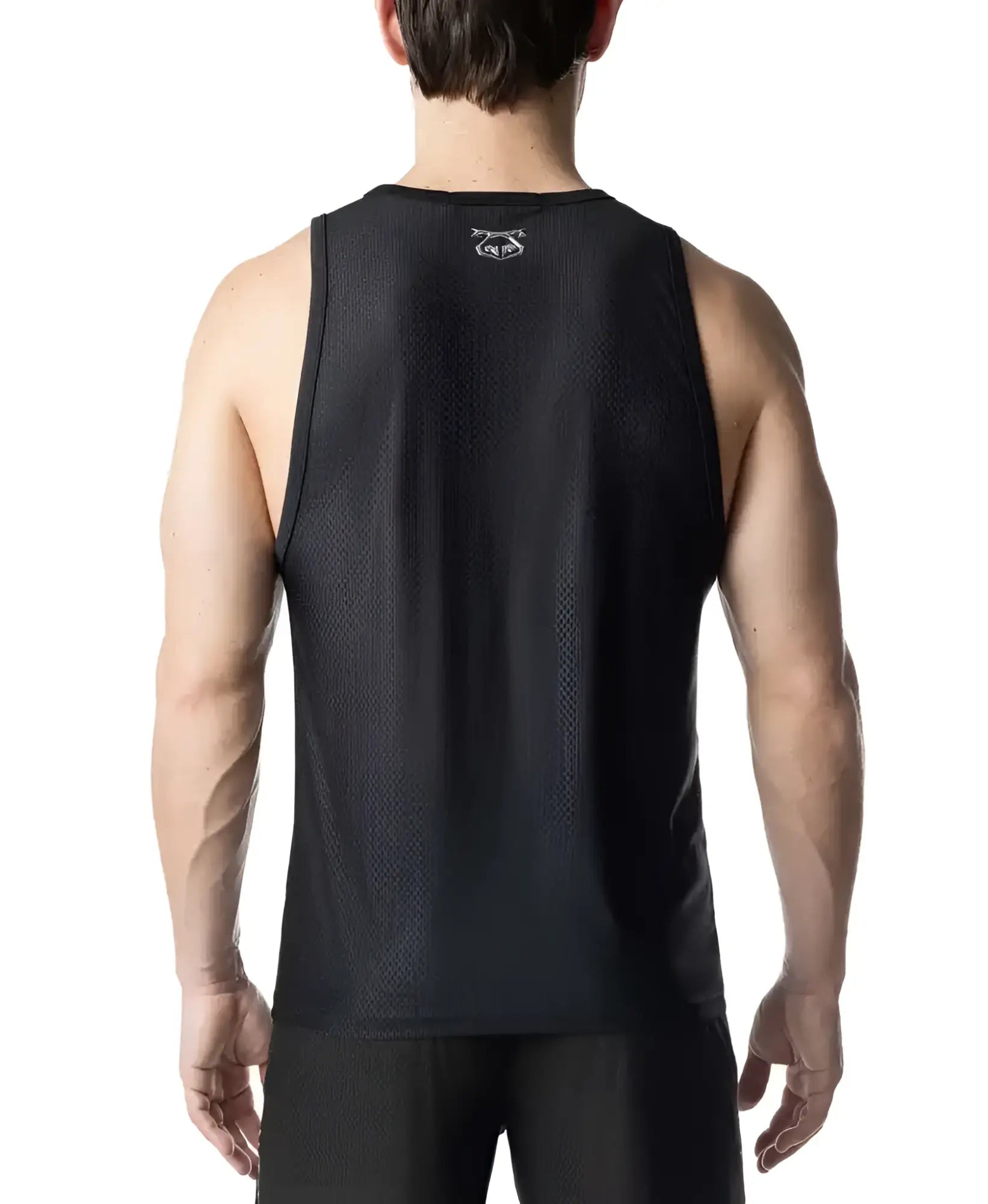 Black mesh barbed wire tank top with small white logo at the neckline ideal for athletic and casual wear