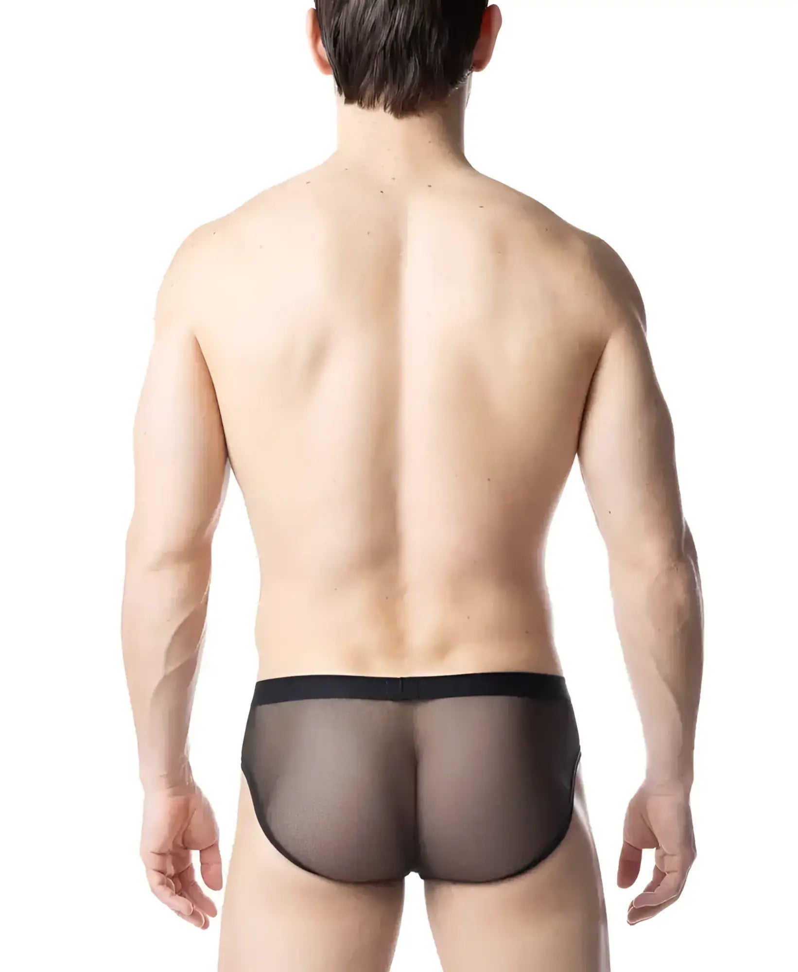 Black mesh blur bikini brief with solid black waistband showing front side design and breathable fabric