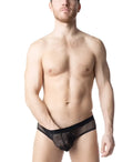 Black sheer mesh blur bikini brief with solid black waistband shown from the back side