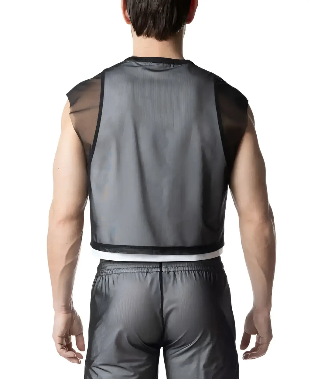 Black mesh sleeveless athletic vest blur crop top with sheer panels and ribbed texture for workout or casual wear