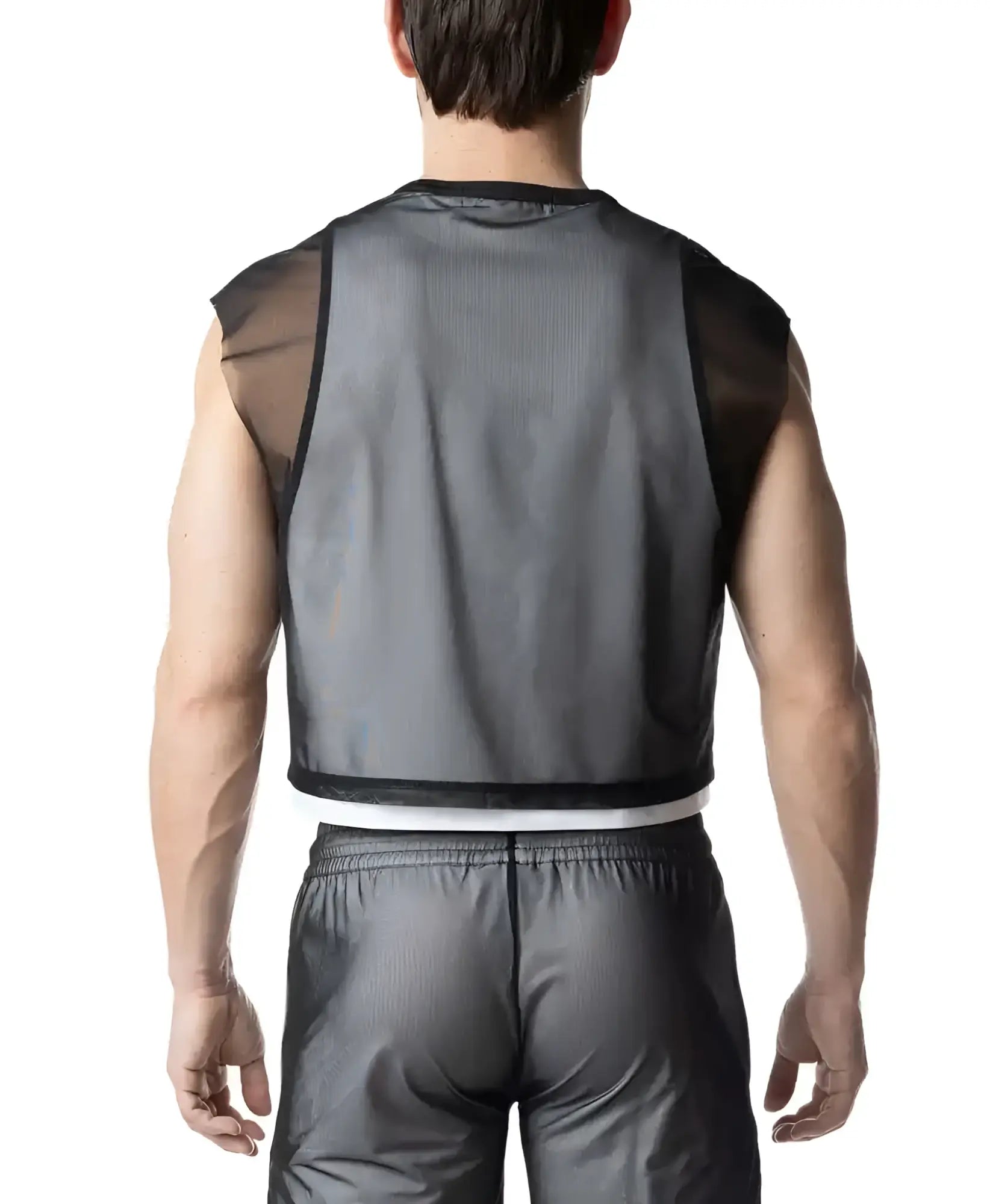 Black mesh sleeveless athletic vest blur crop top with sheer panels and ribbed texture for workout or casual wear