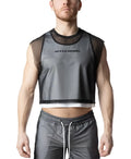 Black mesh sleeveless blur crop top with solid gray front panel and white trim at hem for casual wear