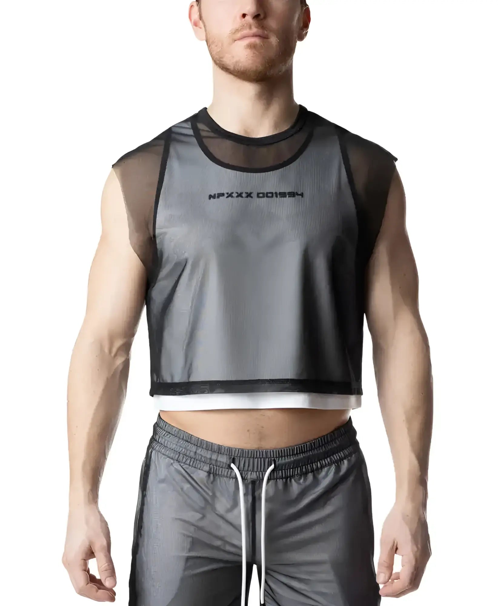 Black mesh sleeveless blur crop top with solid gray front panel and white trim at hem for casual wear