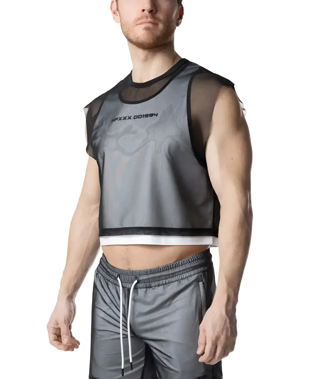 Blur crop top gray mesh sleeveless top with black trim and subtle logo on the chest