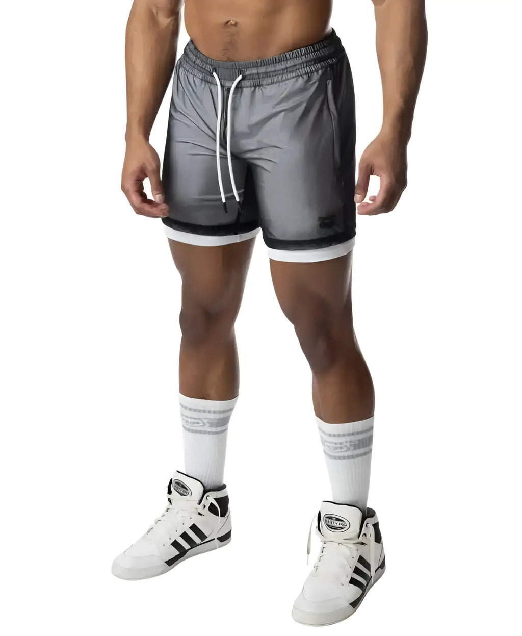 Blur rugby short gray athletic shorts with reflective finish white drawstrings and black trim along the hem