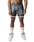 Gray blur rugby short athletic shorts with shiny reflective finish and white drawstrings for sportswear
