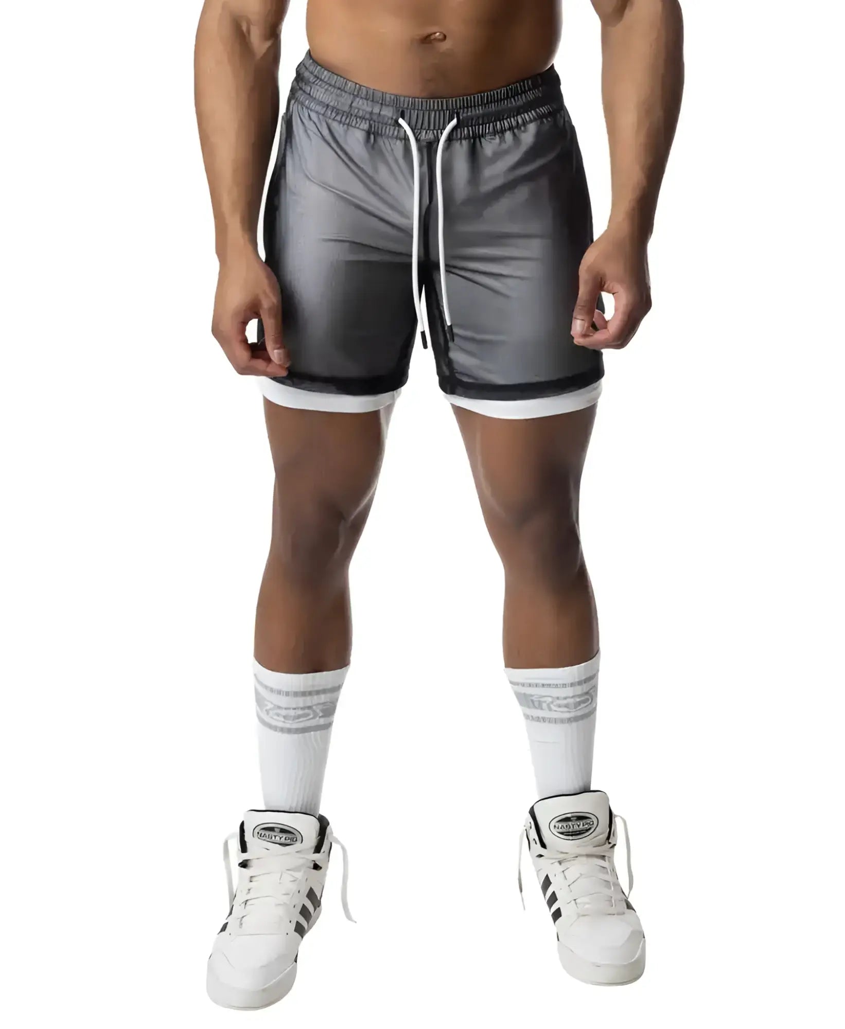Gray blur rugby short athletic shorts with shiny reflective finish and white drawstrings for sportswear