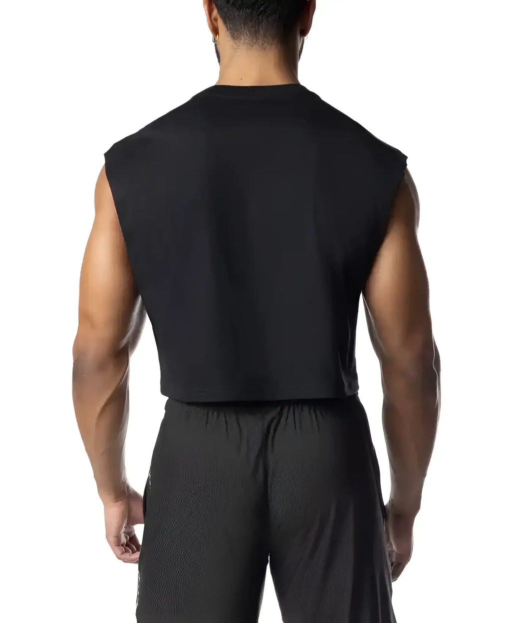 Black sleeveless chrome crop top with a fitted athletic cut designed for active wear