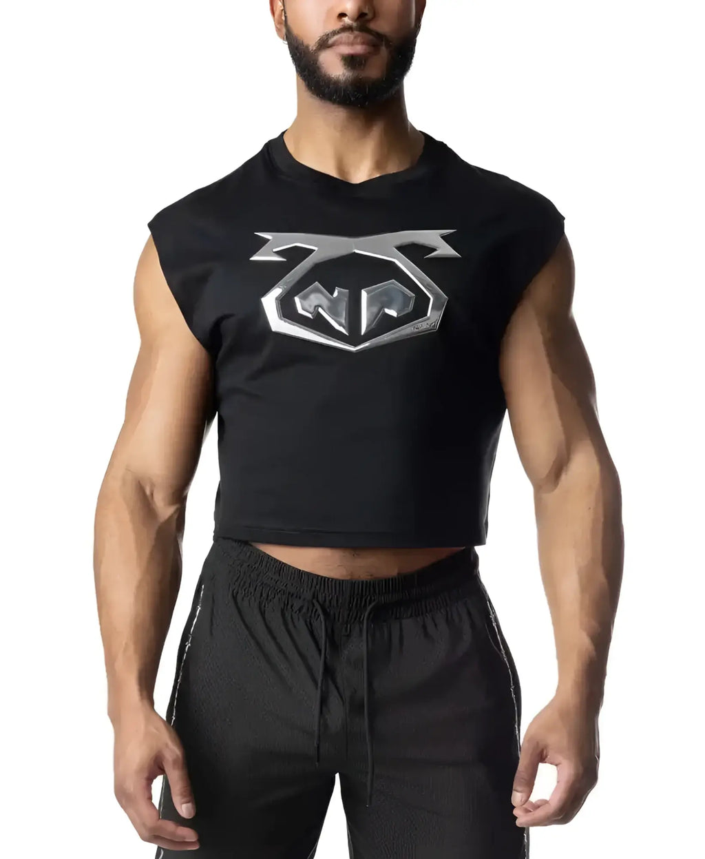Black sleeveless chrome crop top featuring a silver metallic logo on the chest for stylish casual wear