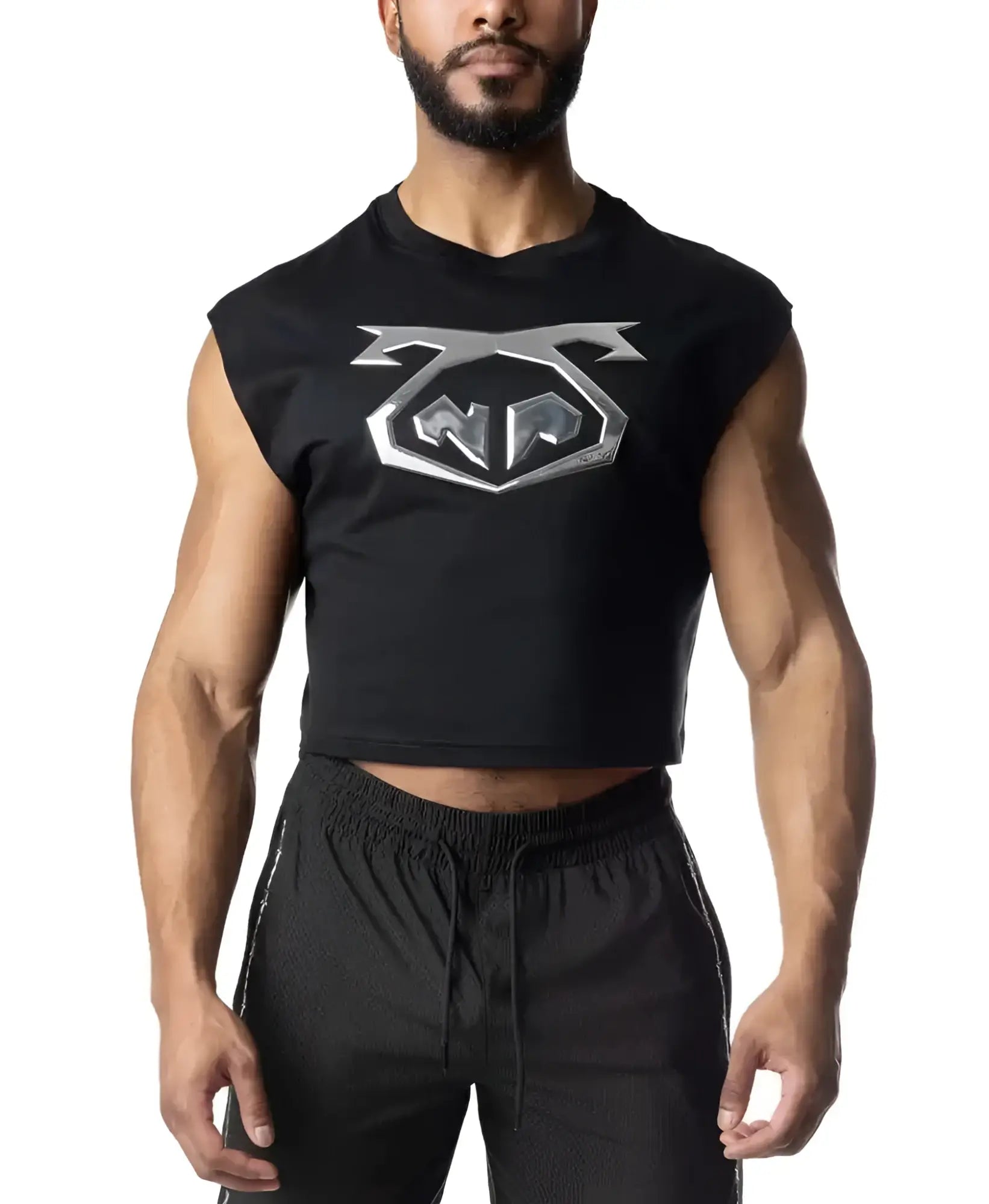 Black sleeveless chrome crop top featuring a silver metallic logo on the chest for stylish casual wear