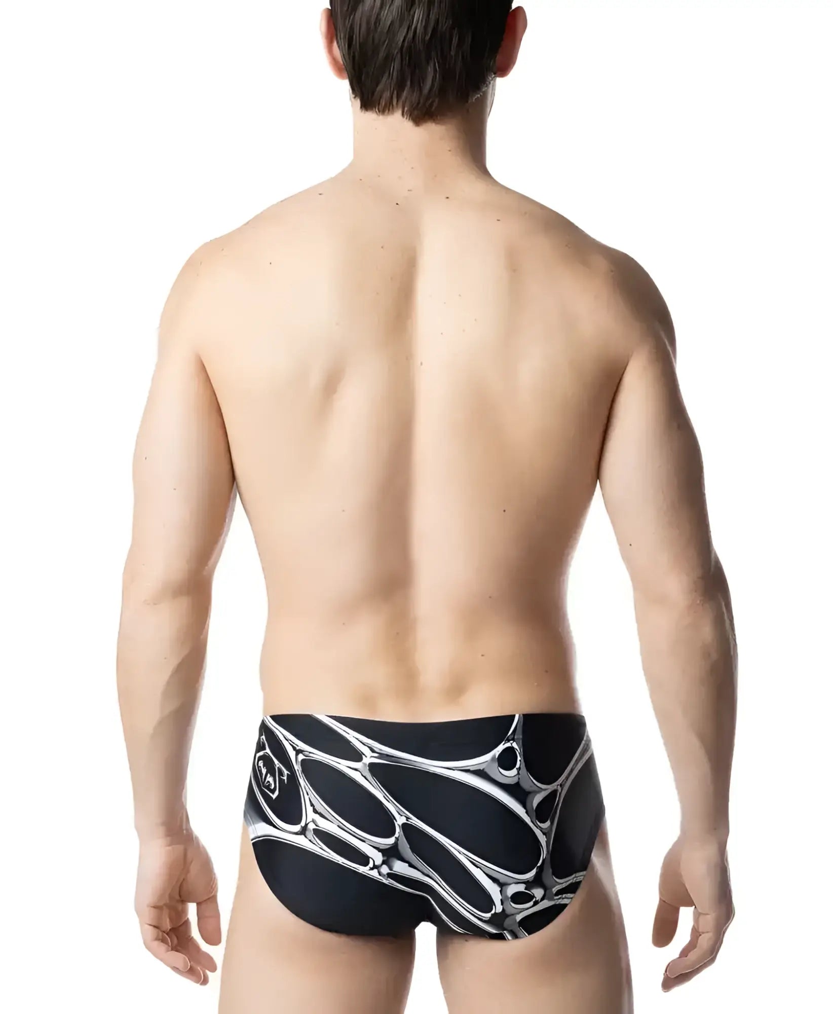 Black chromium bikini swim trunks with bold white abstract organic pattern perfect for beachwear