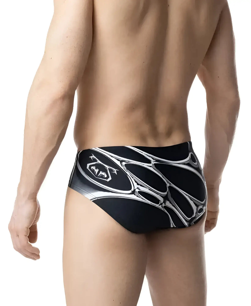 Black and white chromium bikini swim trunks with bold abstract interconnected oval pattern for stylish beachwear