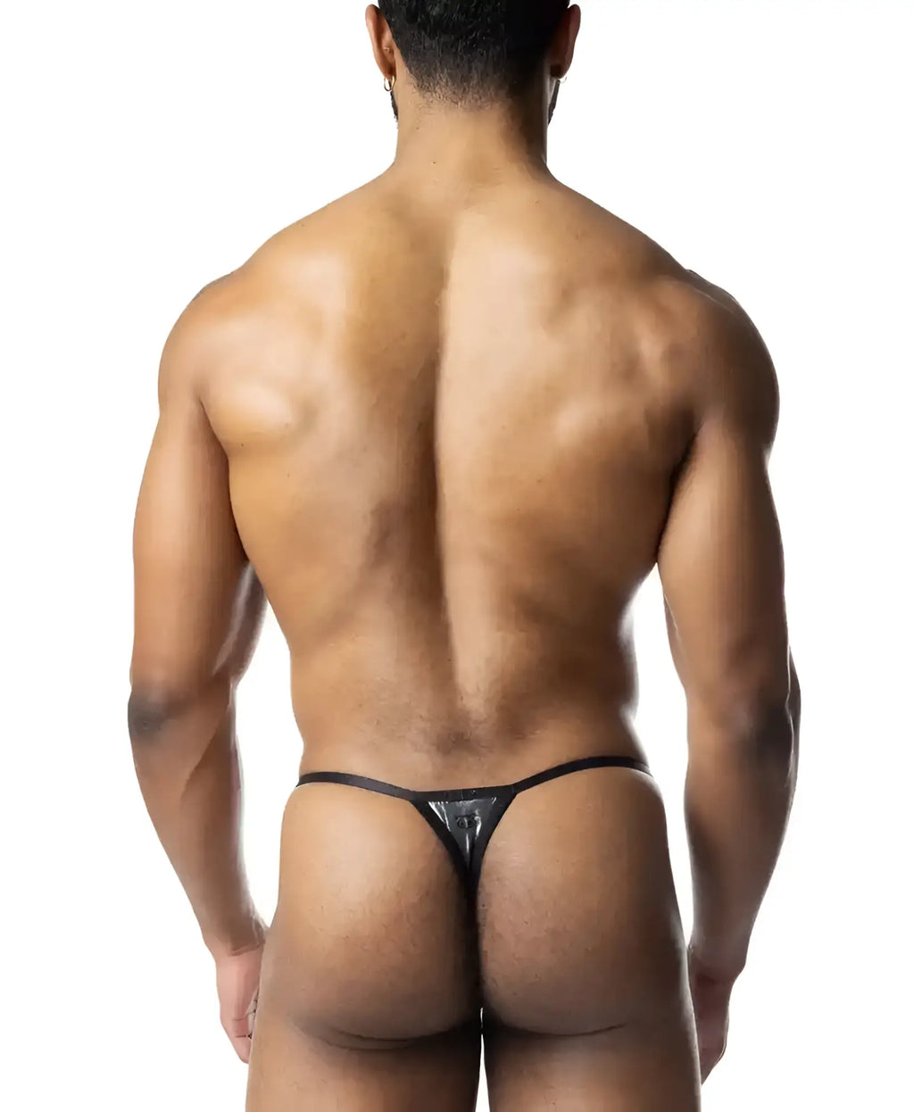 Black shiny metallic chromium thong with sleek minimalist design showing front side