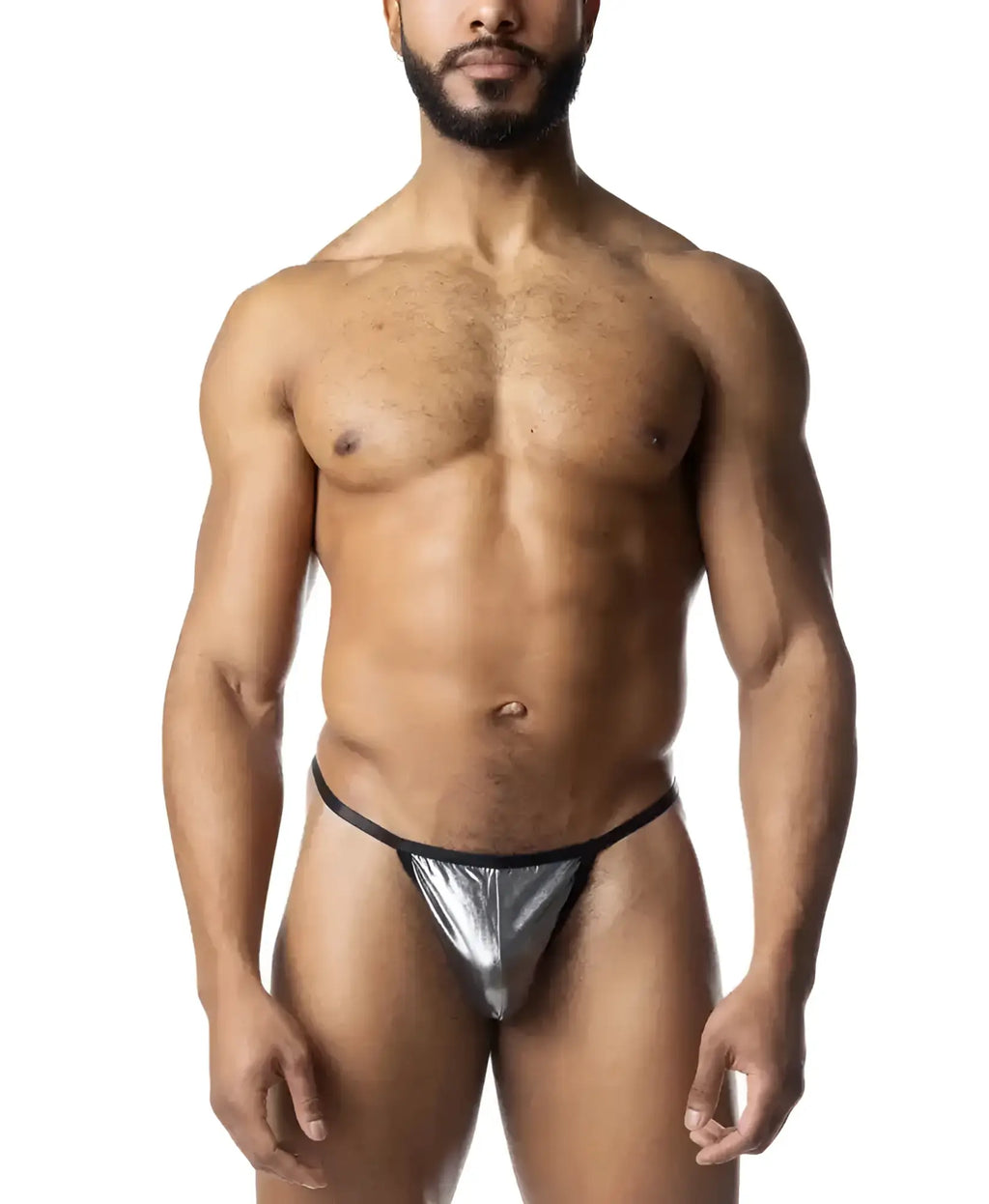 Shiny silver metallic chromium thong with black elastic waistband shown from the front side