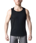 Black sleeveless double top tank top with round neckline and subtle side seam detailing for athletic wear