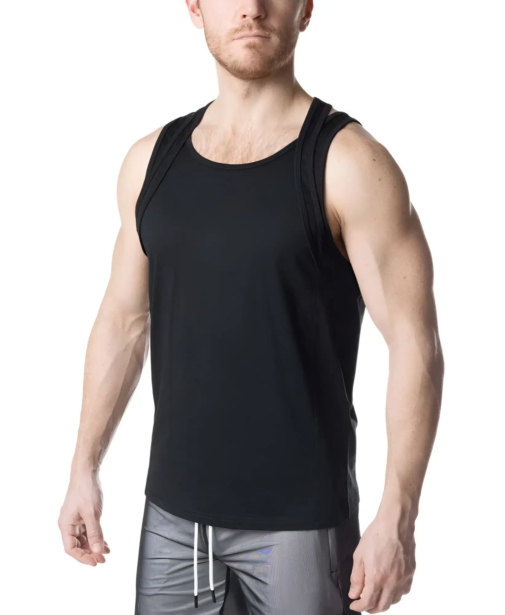 Black double top tank top with round neckline sleeveless design and subtle side seam detailing for casual wear