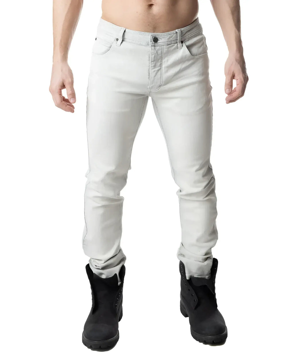 Light gray slim-fit denim jeans with classic five-pocket design and rolled cuffs in bleached style