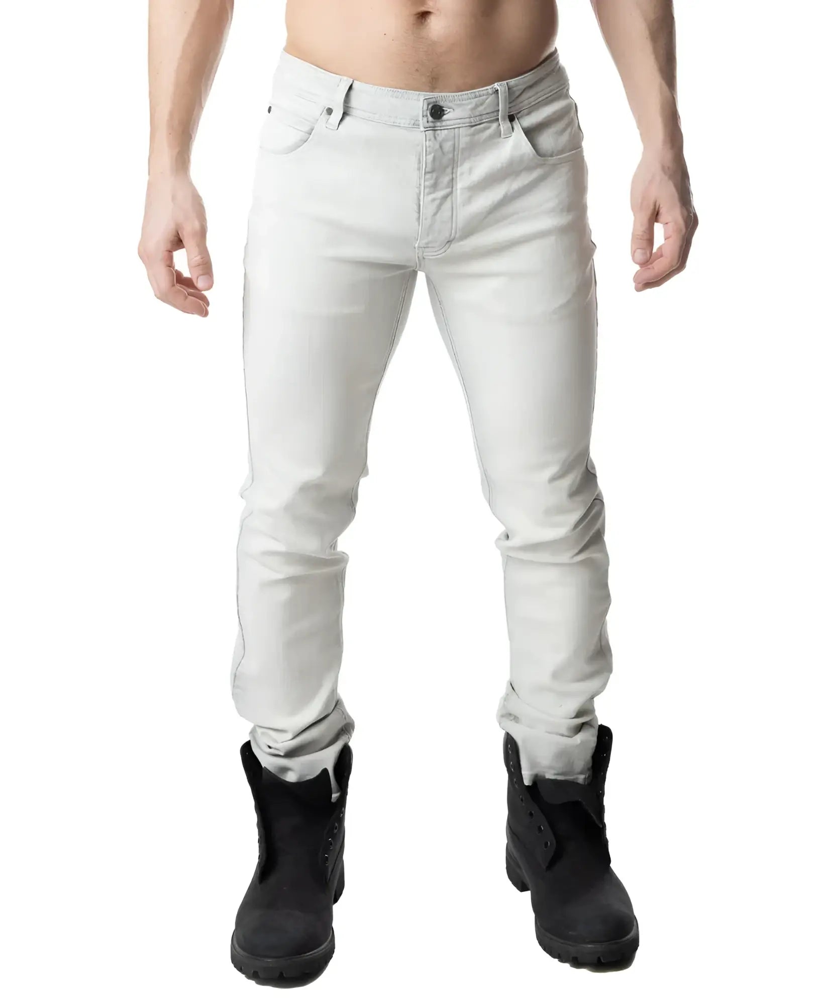 Light gray slim-fit denim jeans with classic five-pocket design and rolled cuffs in bleached style